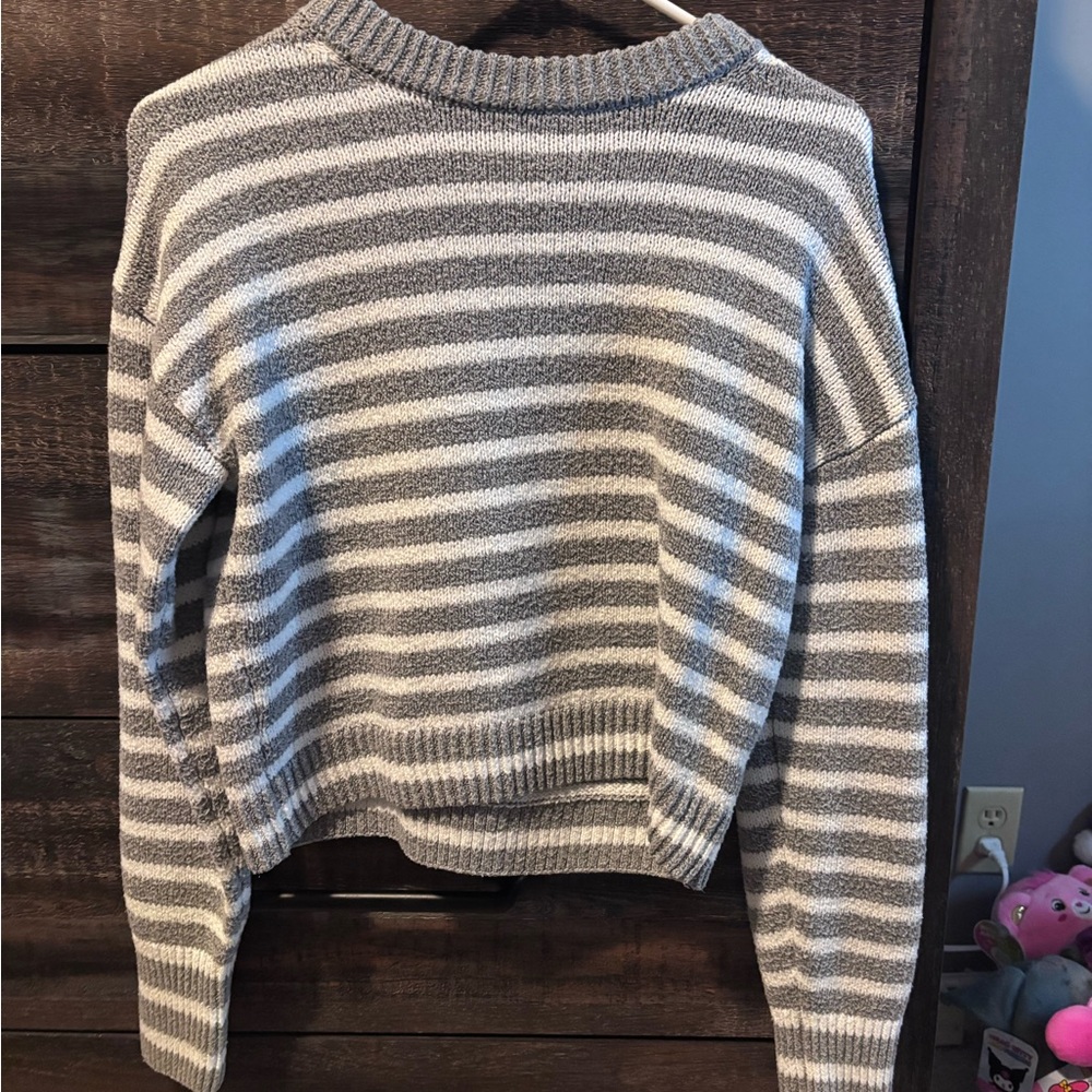 Pink Rose Gray and White Striped Sweater